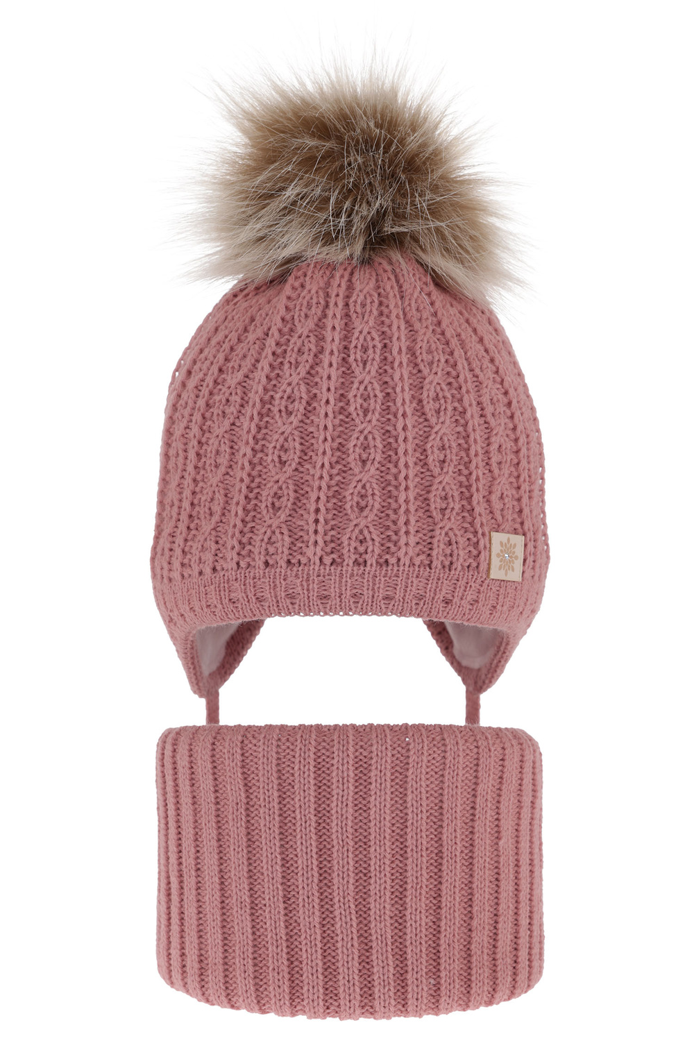 Flicka vinter set: mössa och tubhalsduk, rosa, med pompom, Passa