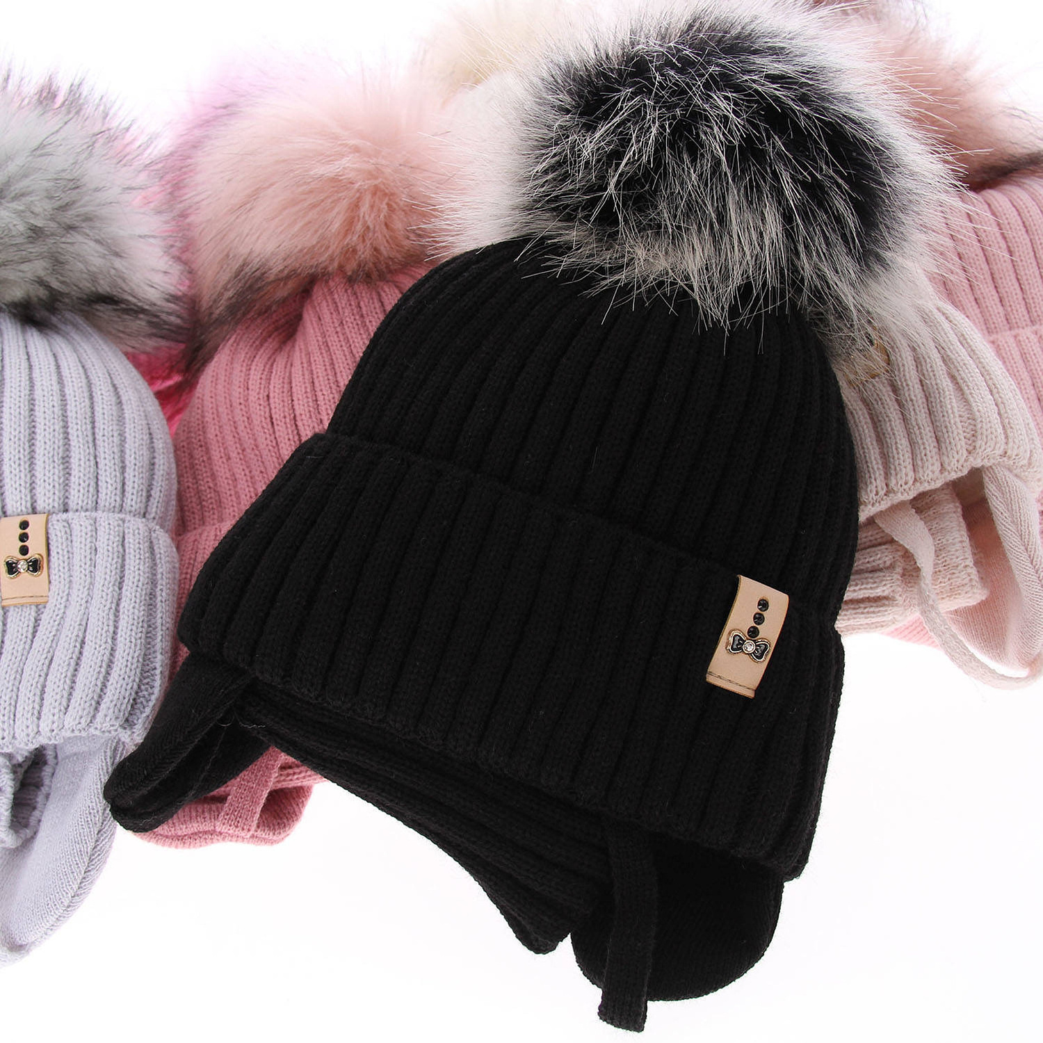 Flicka vinter set: mössa och tubhalsduk, svart, med pompom, Preria