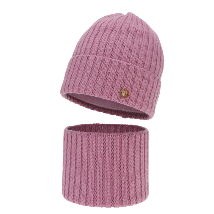Flicka vinter set: mössa och tubhalsduk, rosa, 100% Merino Ull, fodrad med bomull, Vanira