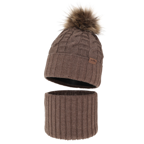 Pojke vinter set: mössa och tubhalsduk, brun, med pompom, Cent