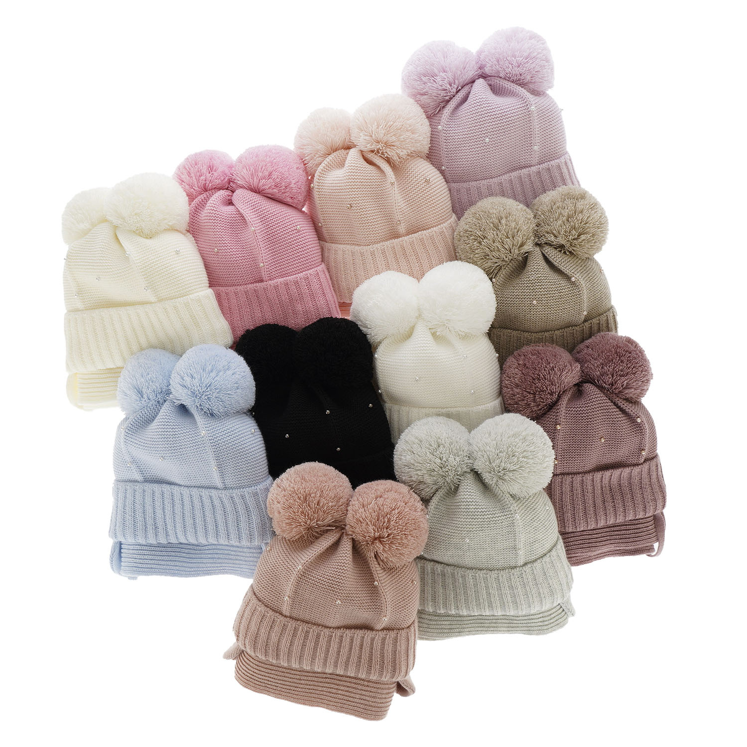 Flicka vinter set: mössa och halsduk, lila, med två pompommar, Fibien