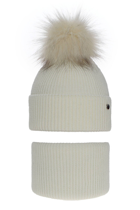 Flicka vinter set: mössa och tubhalsduk, creme, med pompom, Reneta