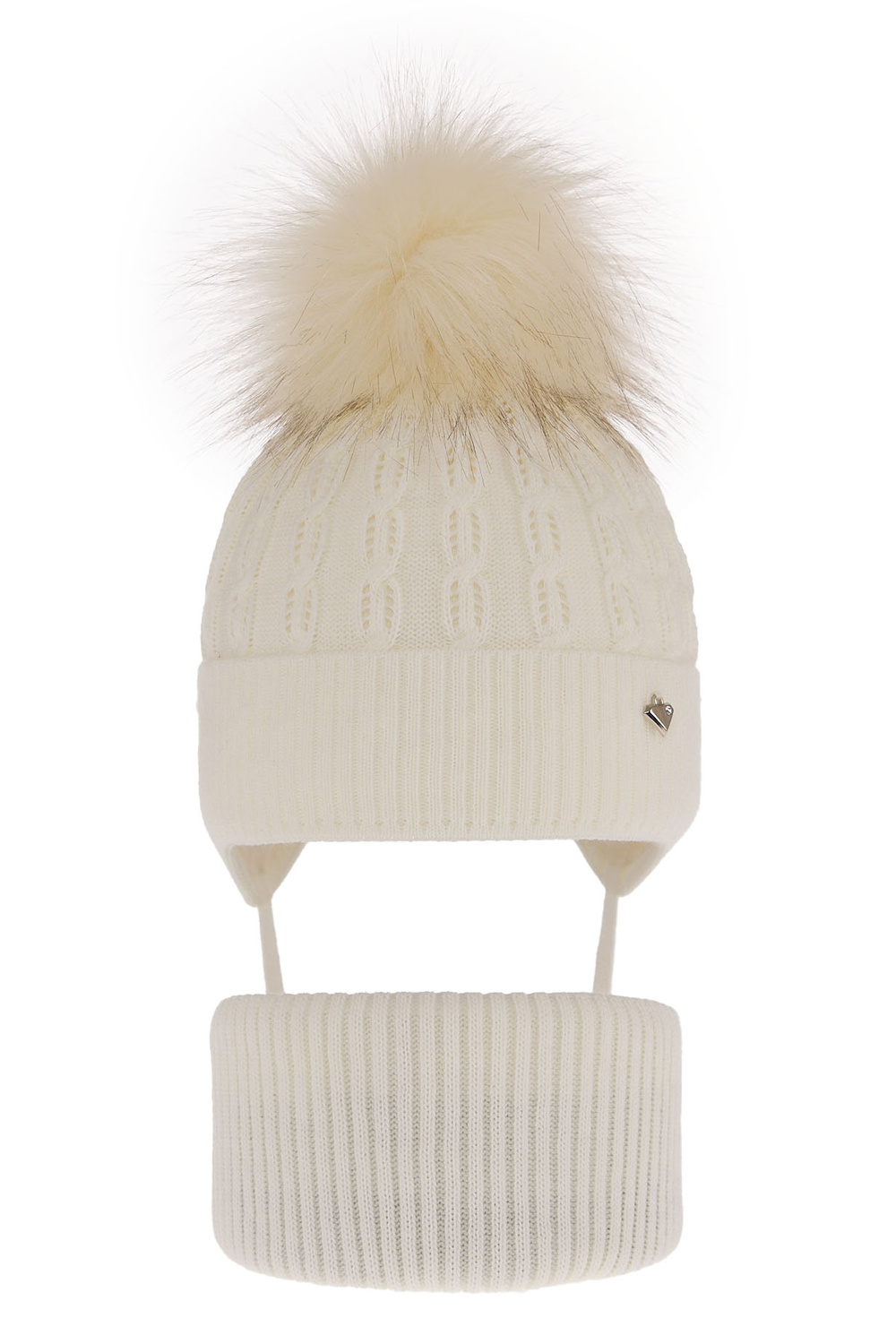 Flicka vinter set: mössa och tubhalsduk, kremfärgad, med pompom, Tukana