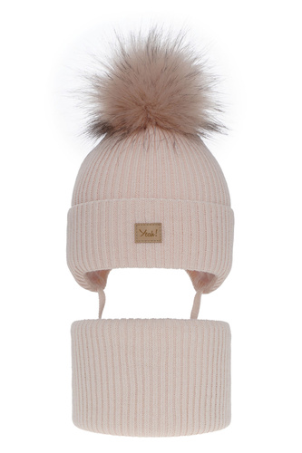 Flicka vinter set: mössa och tubhalsduk, rosa, med pompom, Dilajla