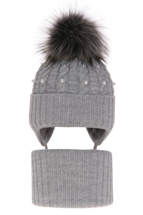 Flicka vinter set: mössa och halsduk, grå, med knytband, med pompom, Safona