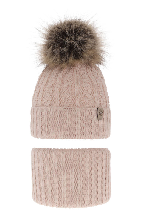 Flicka vinter set: mössa och tubhalsduk, beige, med pompom, Pretoria