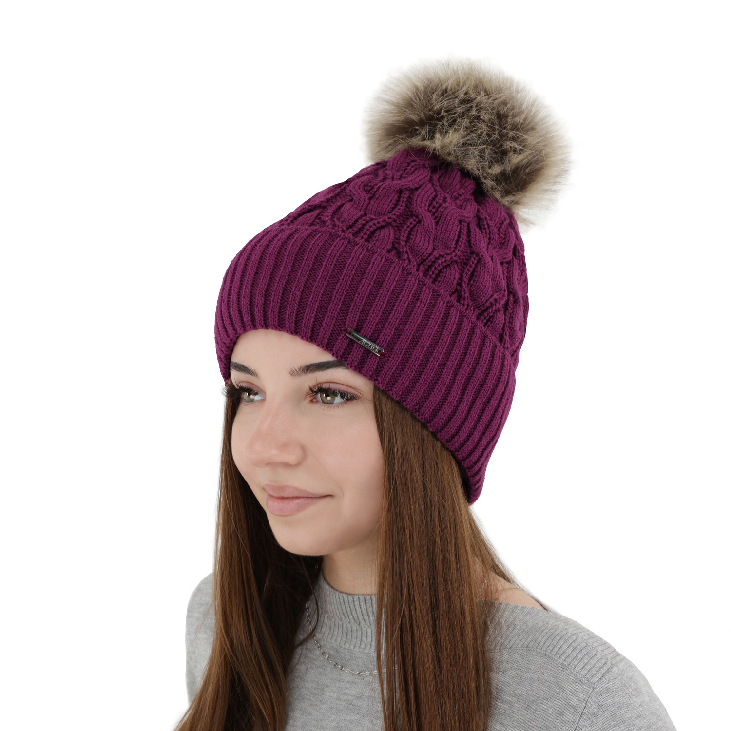 Dam vintermössa, lila, med pompom, Deva