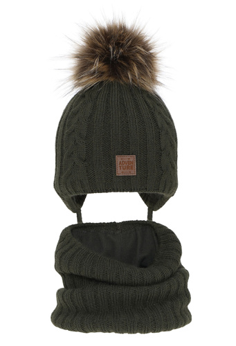 Pojke vinter set: mössa och halsduk, khaki, med pompom, Casper