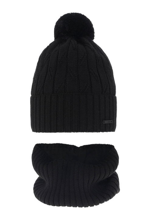 Pojke vinter set: mössa och tubhalsduk, svart, med pompom, med merinull, Talar