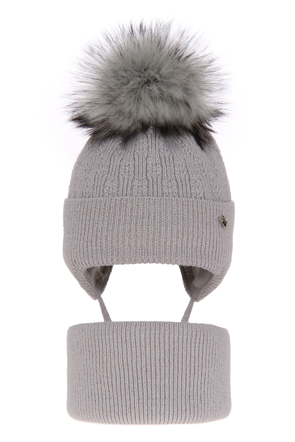 Flicka vinter set: mössa och halsduk, grå, med pompom, Kornela