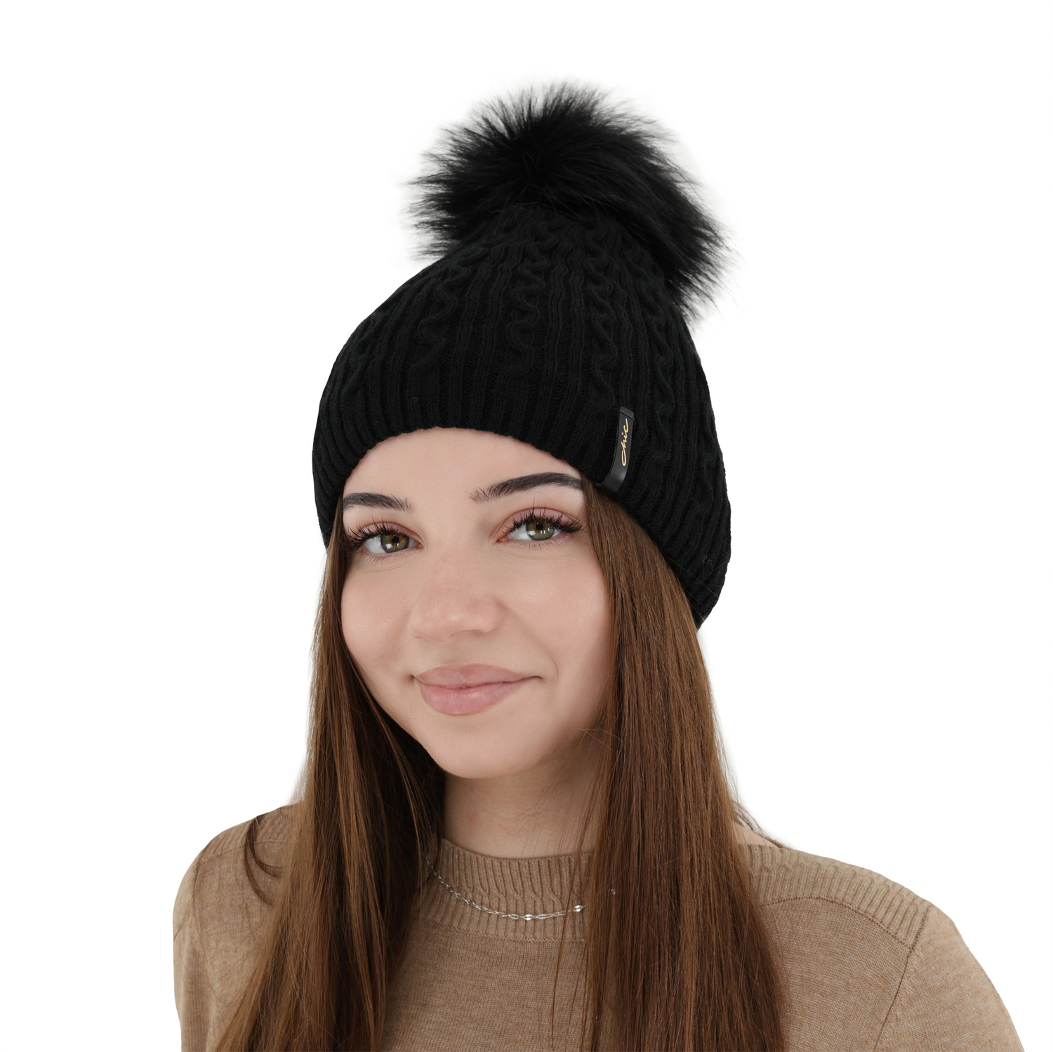Dam vintermössa, svart, med pompom, Xena