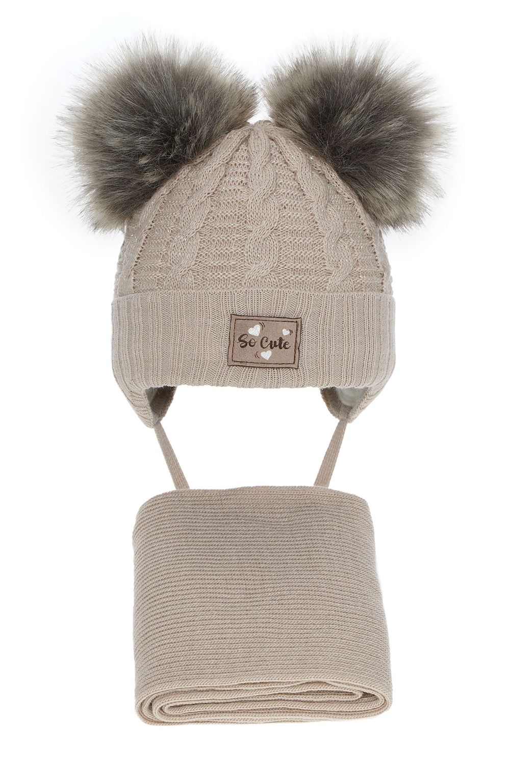 Flicka vinter set: mössa och halsduk, beige, med glittrande tråd, med två pompommar, Klarita