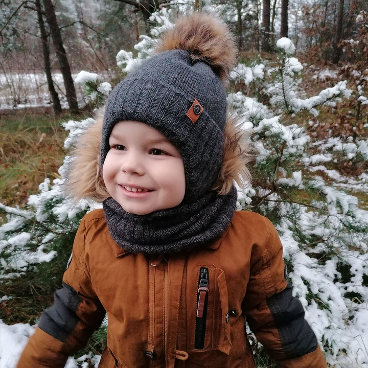 Pojke vinter set: mössa och tubhalsduk, grå, med knytband, Dominik
