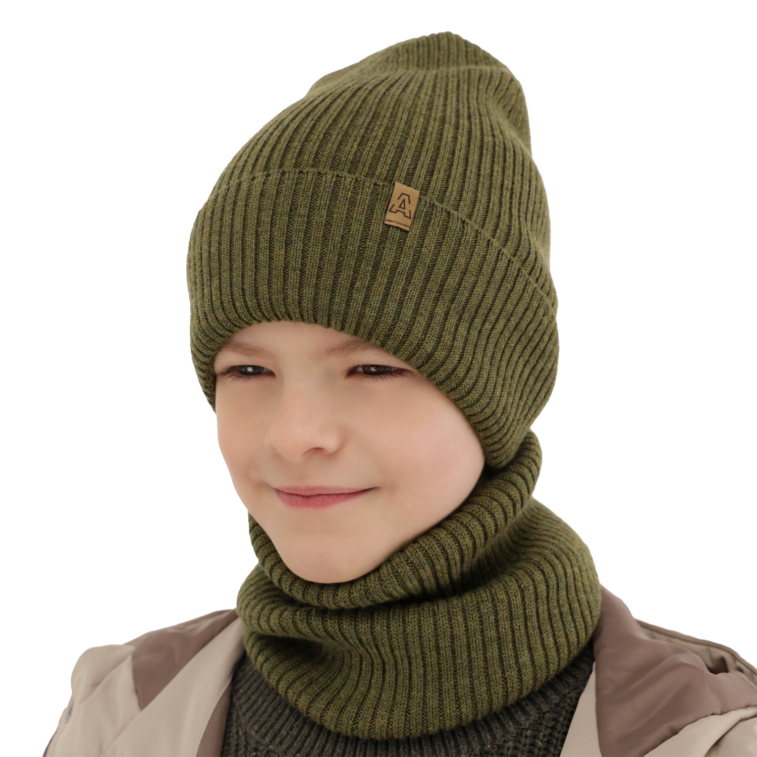 Pojke höst/vår set: mössa och halsduk, camel, 100% Merino Ull, Lemas