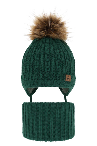 Pojke vinter set: mössa och tubhalsduk, grön, med pompom, Pago