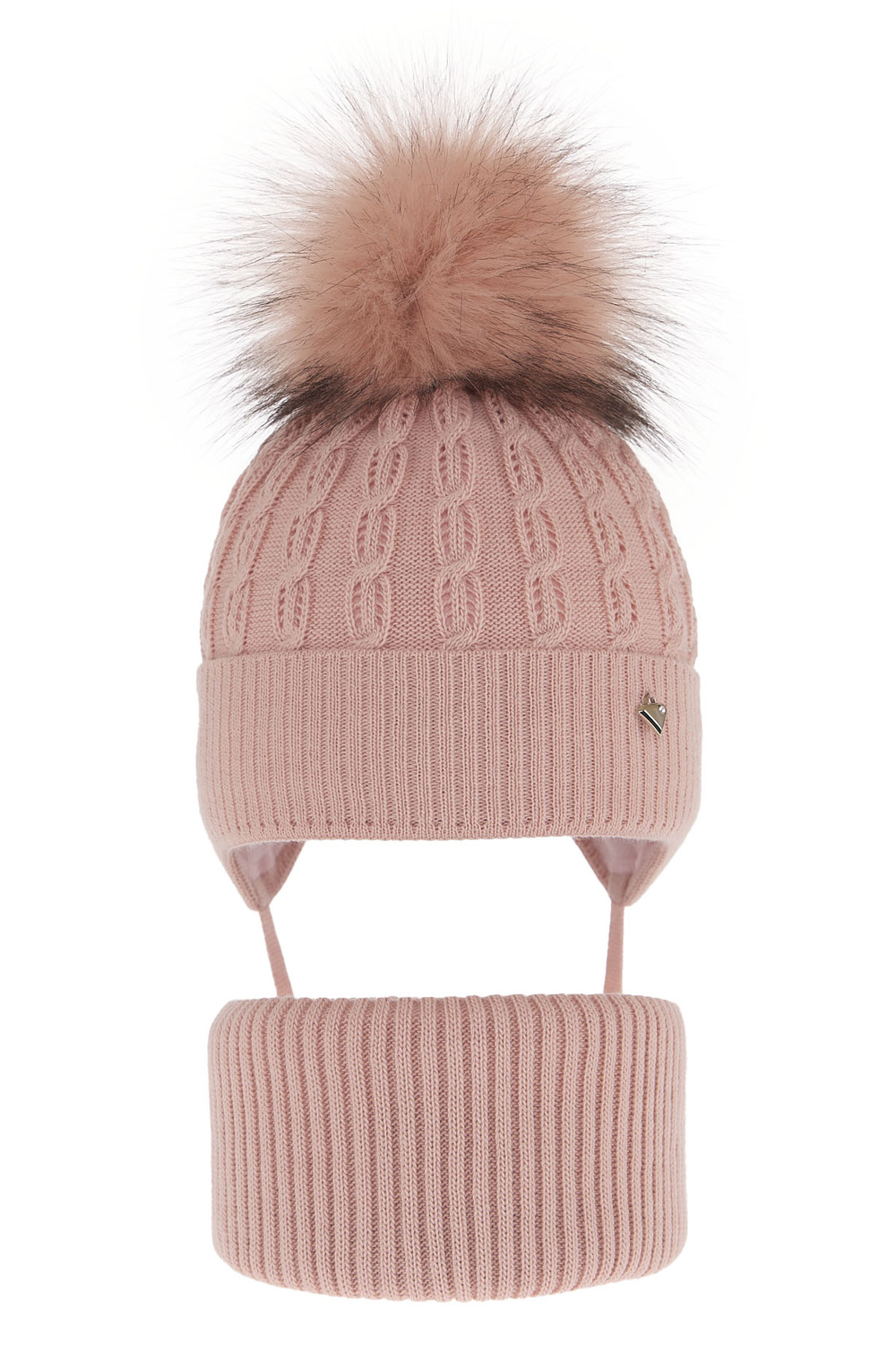 Flicka vinter set: mössa och halsduk, rosa, med pompom, Tukana