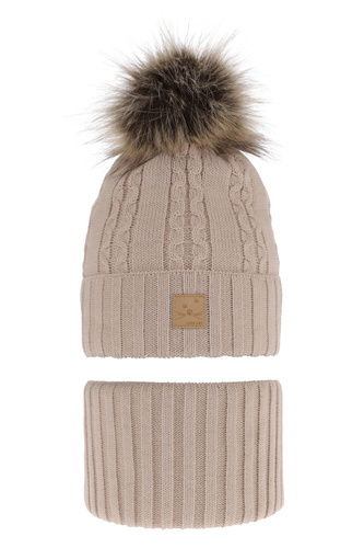Flicka vinter set: mössa och halsduk, beige, med pompom, Alexia