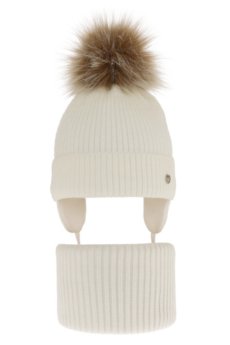 Flicka vinter set: mössa och halsduk, creme, med pompom, Debra