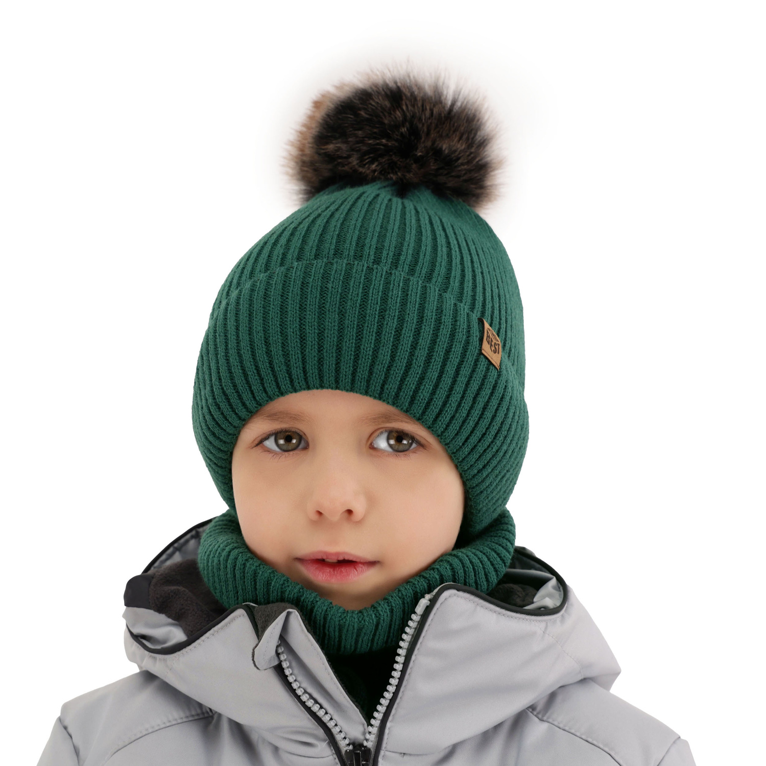 Pojke vinter set: mössa och tubhalsduk, brun, med pompom, Wizar