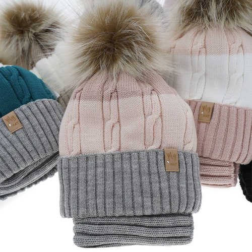 Flicka vinter set: mössa och halsduk, grå, med pompom, Karmelita