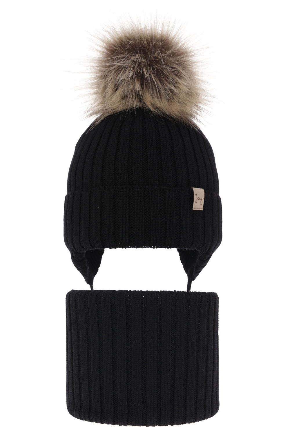 Flicka vinter set: mössa och halsduk, svart, med knytband, 100% Merino Ull, Junika