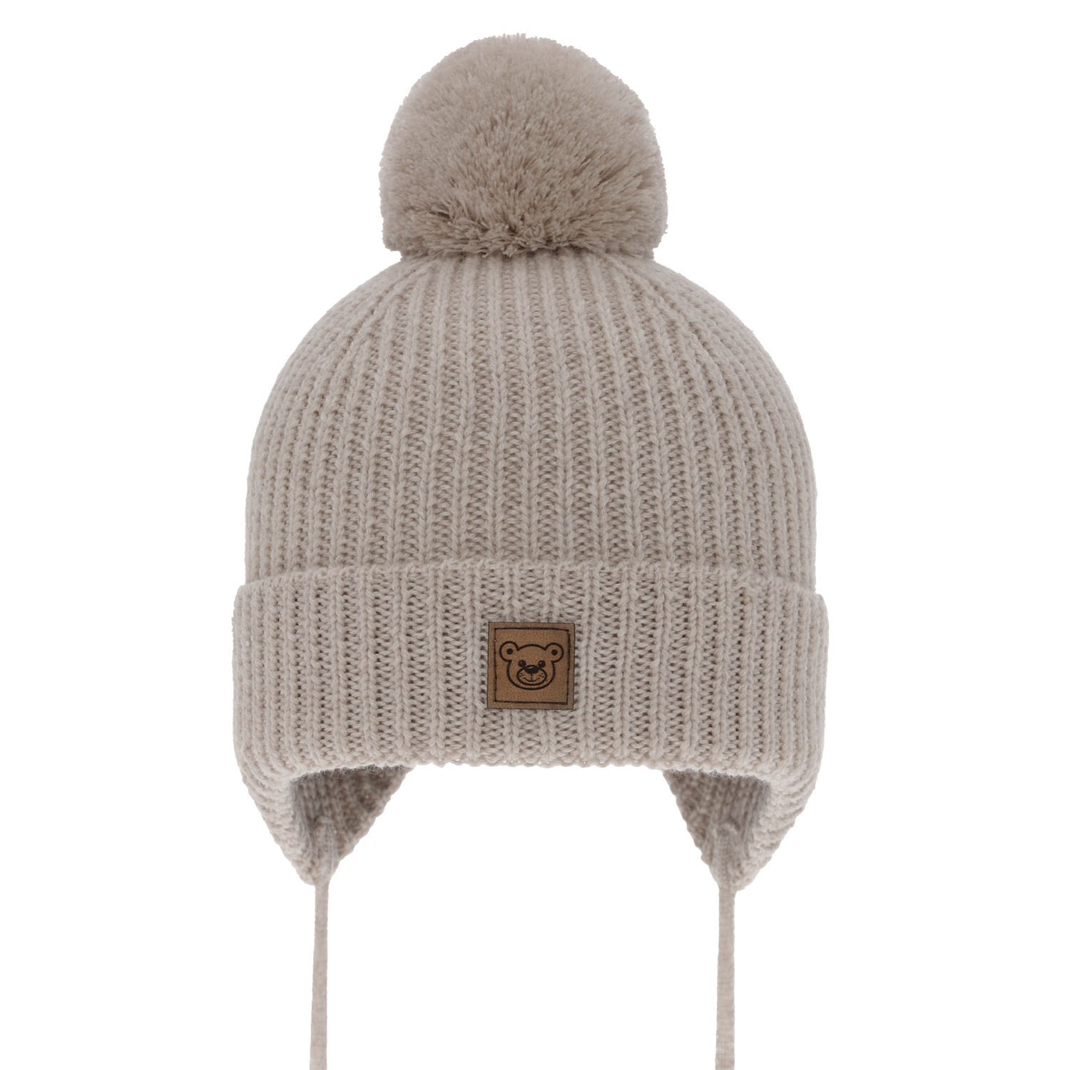 Pojke vintermössa, beige, med knytband, 100% Merino Ull, Tofik