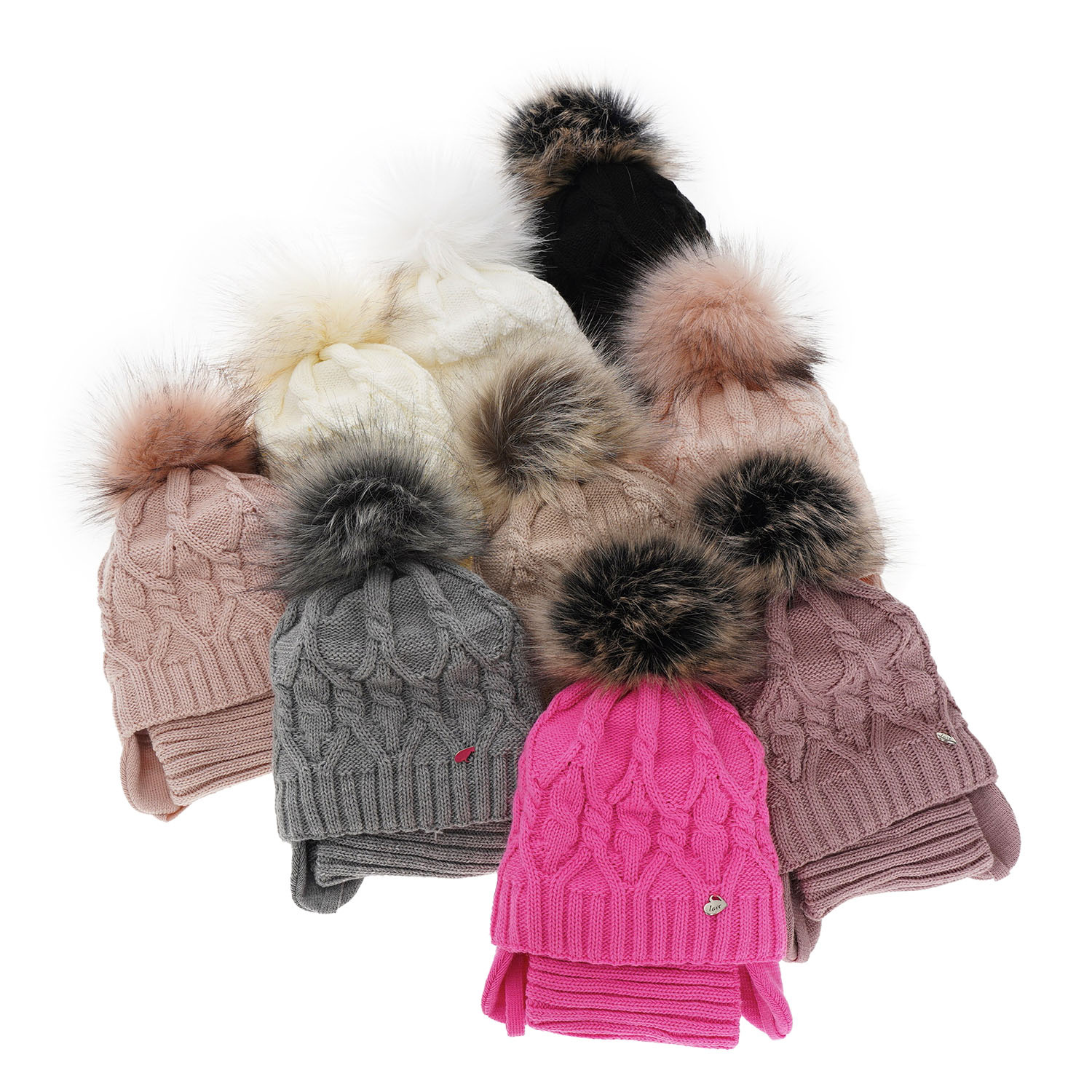 Flicka vinter set: mössa och halsduk, kremowy, med pompom, Elena