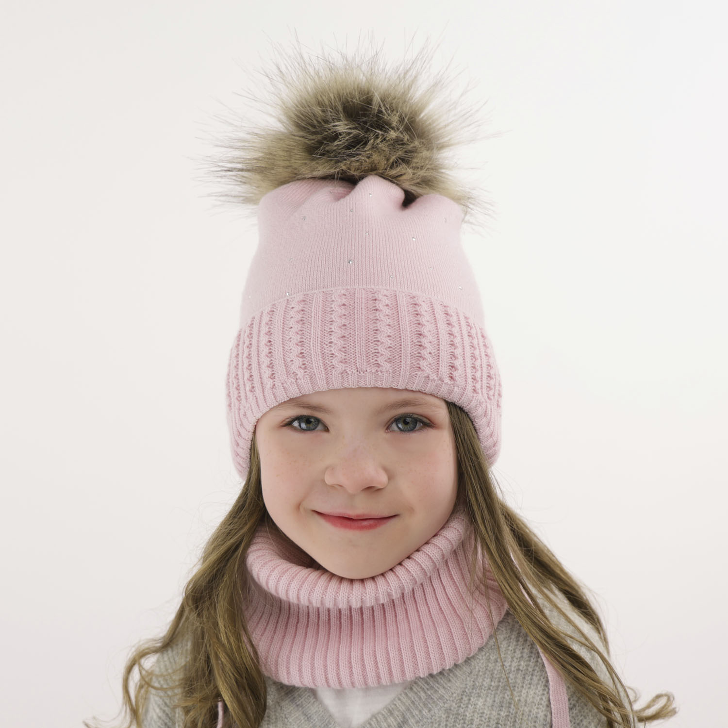 Flicka vinter set: mössa och halsduk, rosa, med pompom, Renia