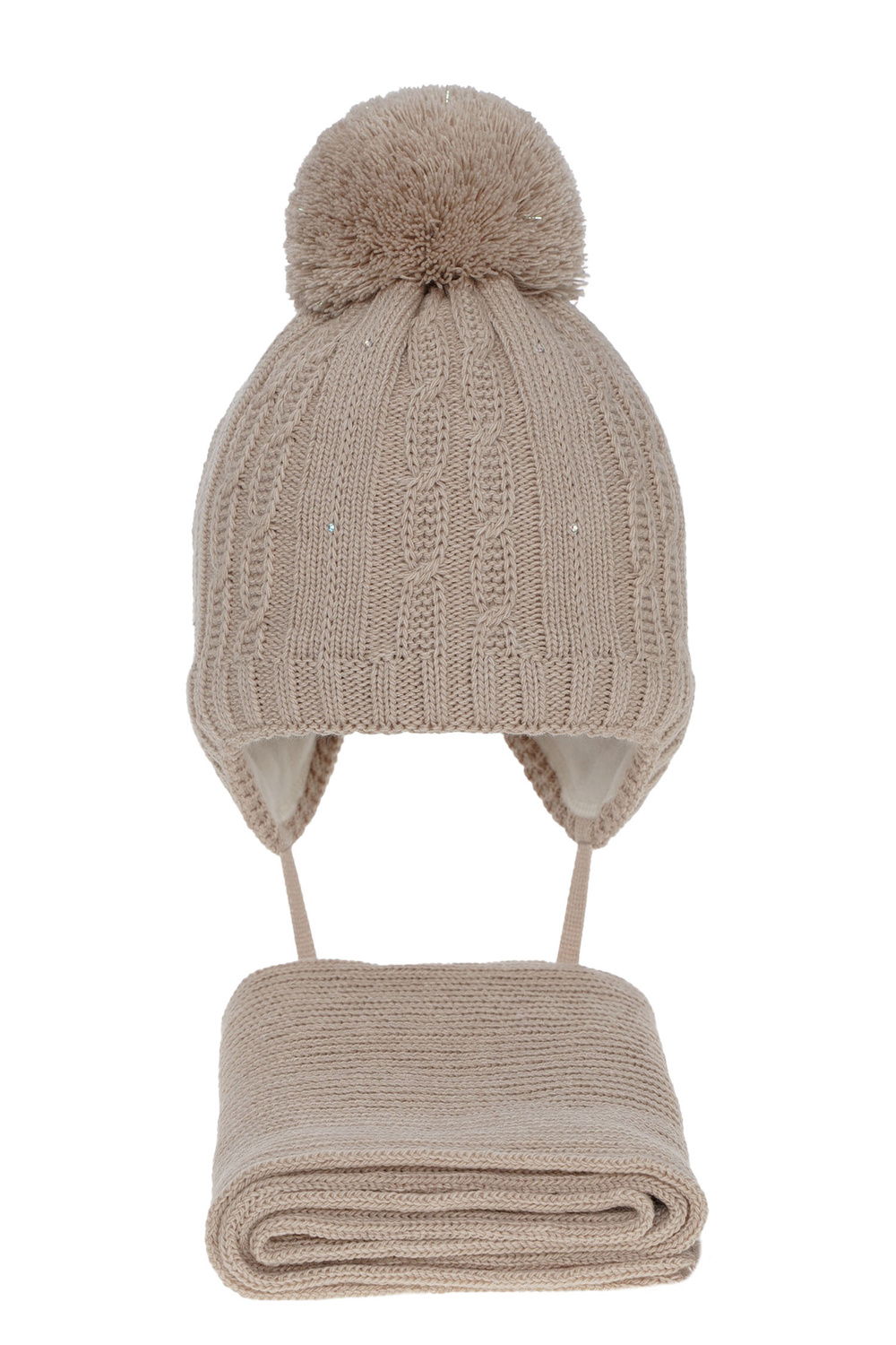 Flicka vinter set: mössa och halsduk, beige, med pompom, Candy