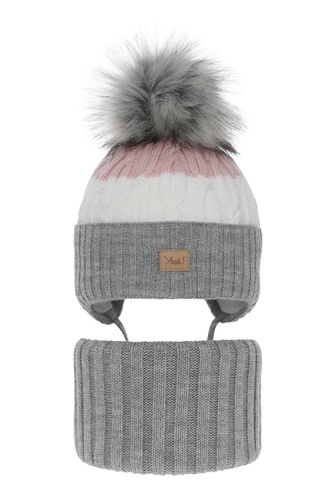 Flicka vinter set: mössa och halsduk, grå, med pompom, Riviera