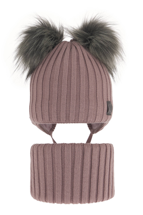 Flicka vinter set: mössa och halsduk, rosa, med två pompommar, wiązany, Telisa