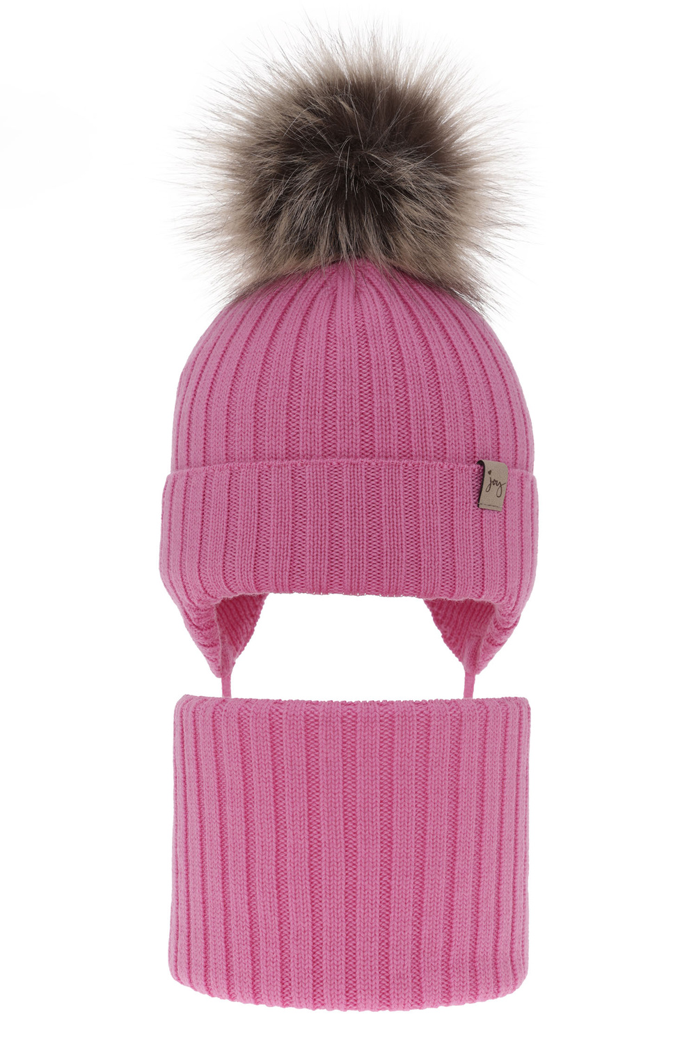 Flicka vinter set: mössa och halsduk, rosa, med knytband, 100% Merino Ull, Junika