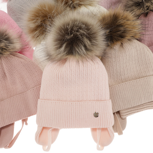 Flicka vinter set: mössa och tubhalsduk, beige, med pompom, Debra