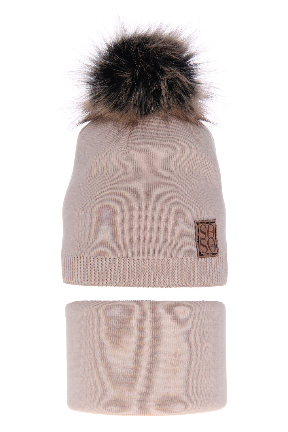 Flicka vinter set: mössa och tubhalsduk, beige, med pompom, Apolinka