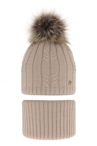 Flicka vinter set: mössa och tubhalsduk, beige, med pompom, Amaltea