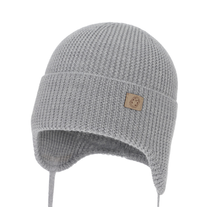 Pojke höst/vår mössa, grå, 100% Merino Ull, med knytband, Bakadi