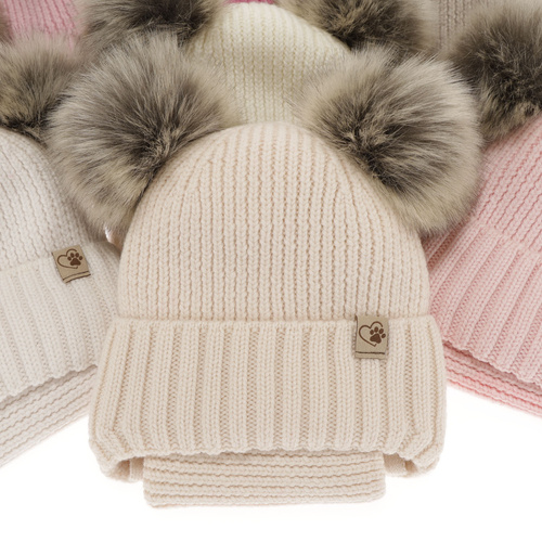 Flicka vinter set: mössa och halsduk, beige, med två pompommar, wiązany, 100% Merino Ull, Silvia