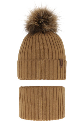 Pojke vinter set: mössa och tubhalsduk, camel, med pompom, Onyks