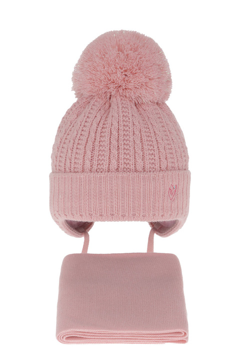 Flicka vinter set: mössa och halsduk, rosa, med knytband, med pompom, Marisa