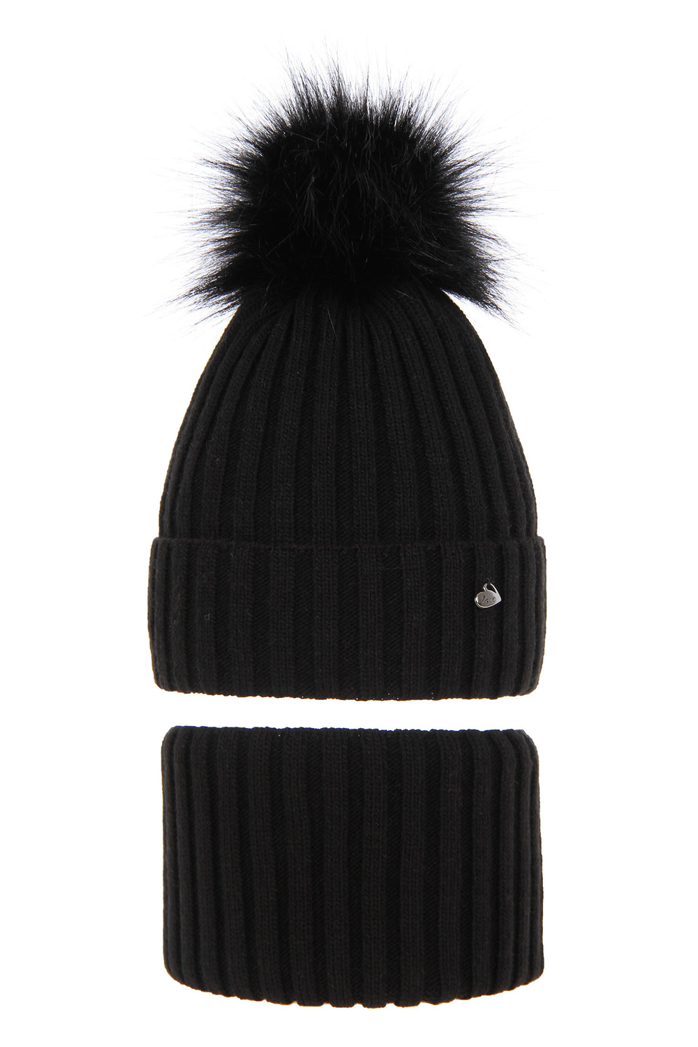 Flicka vinter set: mössa och tubhalsduk, svart, med pompom, Wilma