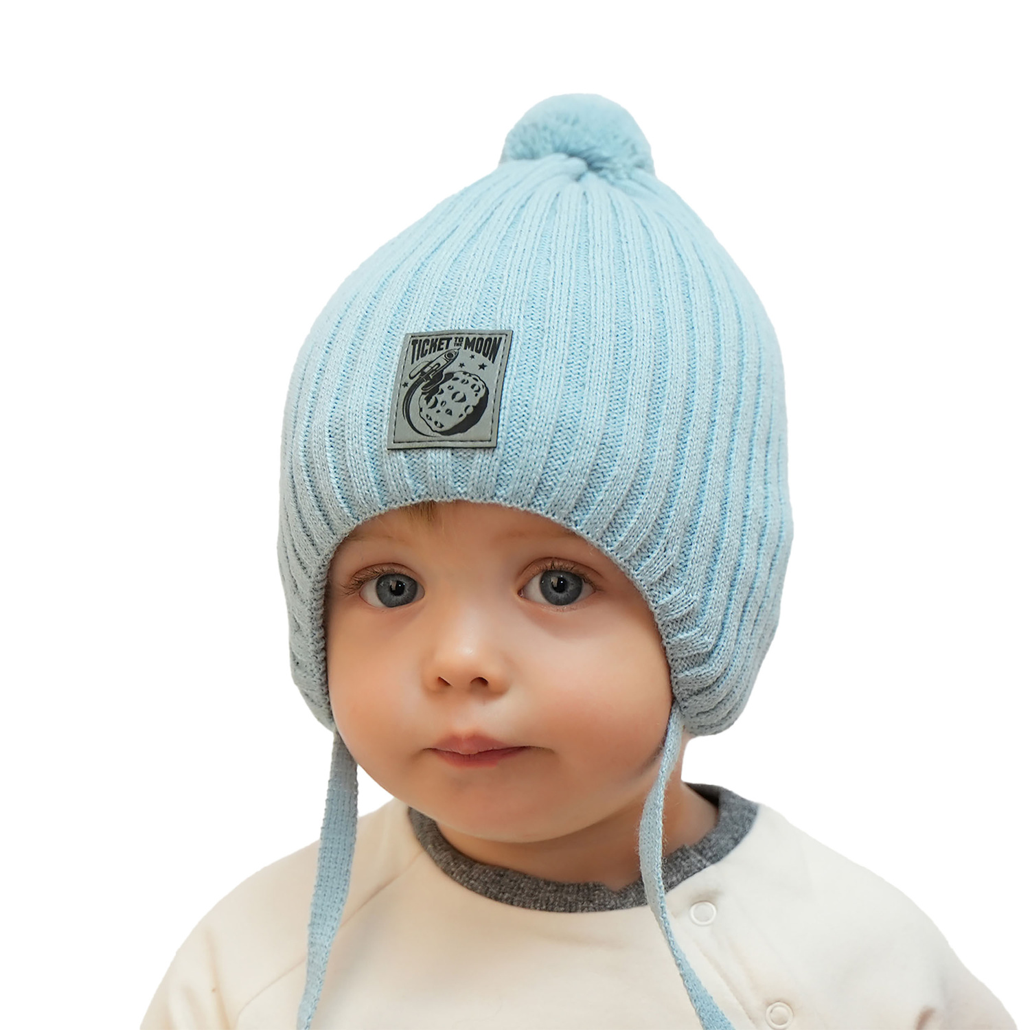 Pojke höst/vår mössa, blå, med knytband, med pompom, Cyspin