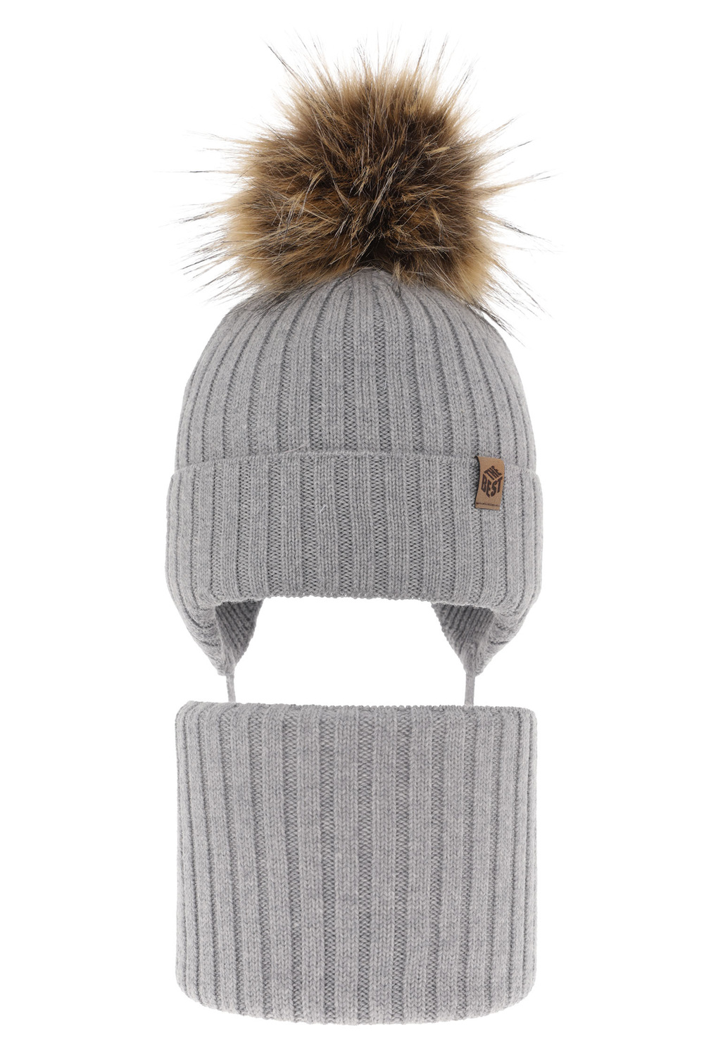 Pojke vinter set: mössa och tubhalsduk, grå, med knytband, 100% Merino Ull, Juno