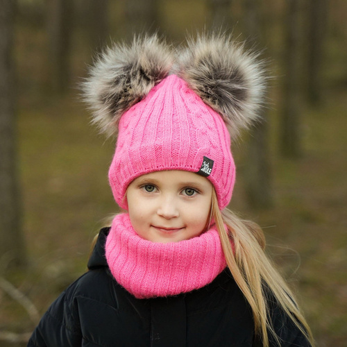 Flicka vinter set: mössa och tubhalsduk, grå, med två pompommar, knytband, Marlen
