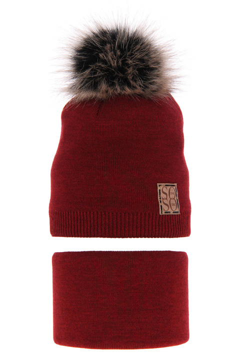 Flicka vinter set: mössa och tubhalsduk, bordó, med pompom, Apolinka