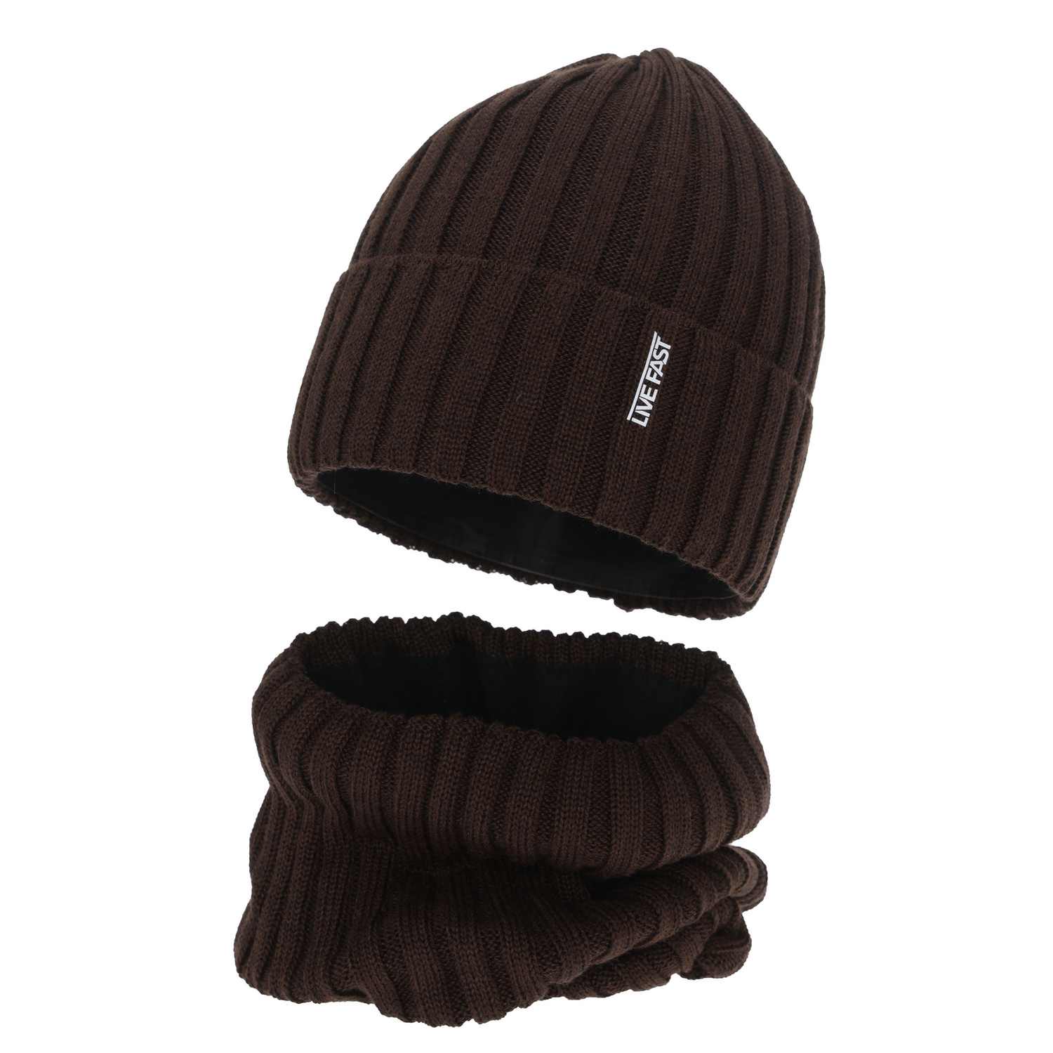 Pojke vinter set: mössa och tubhalsduk, brun, med merinull, fodrad med fleece, Banasko