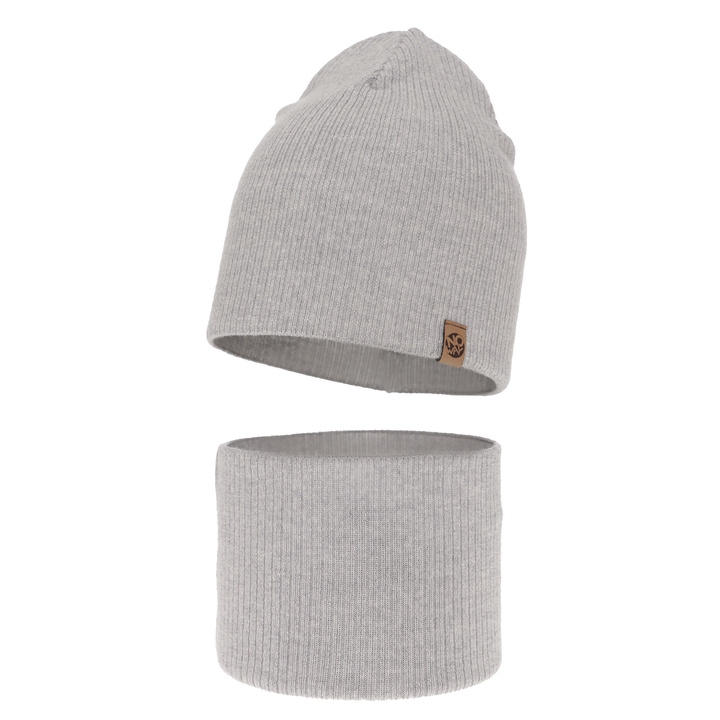 Pojke höst/vår set: mössa och tubhalsduk, ljusgrå, 100% Merino Ull, Richi