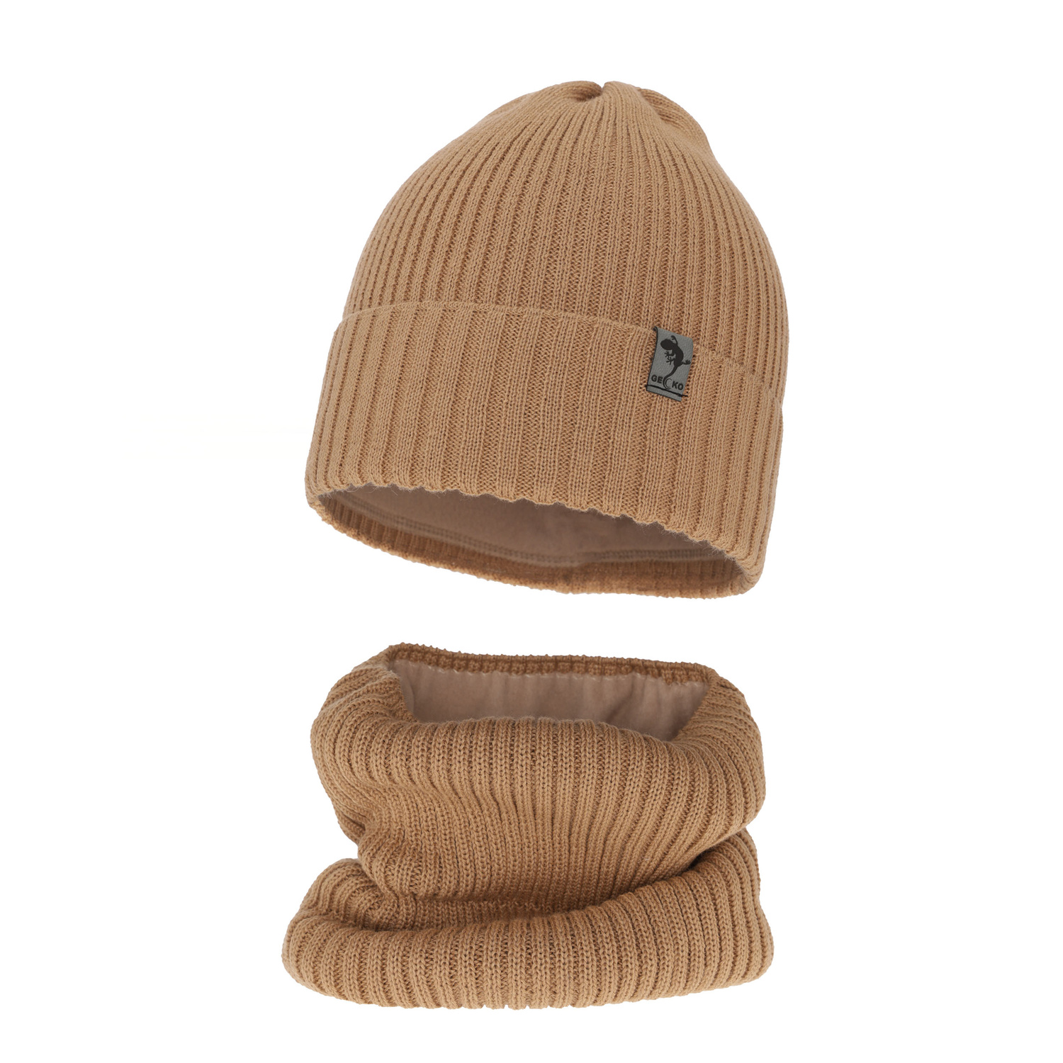 Pojke vinter set: mössa och tubhalsduk, camel, med merinull, fodrad med fleece, Gecko