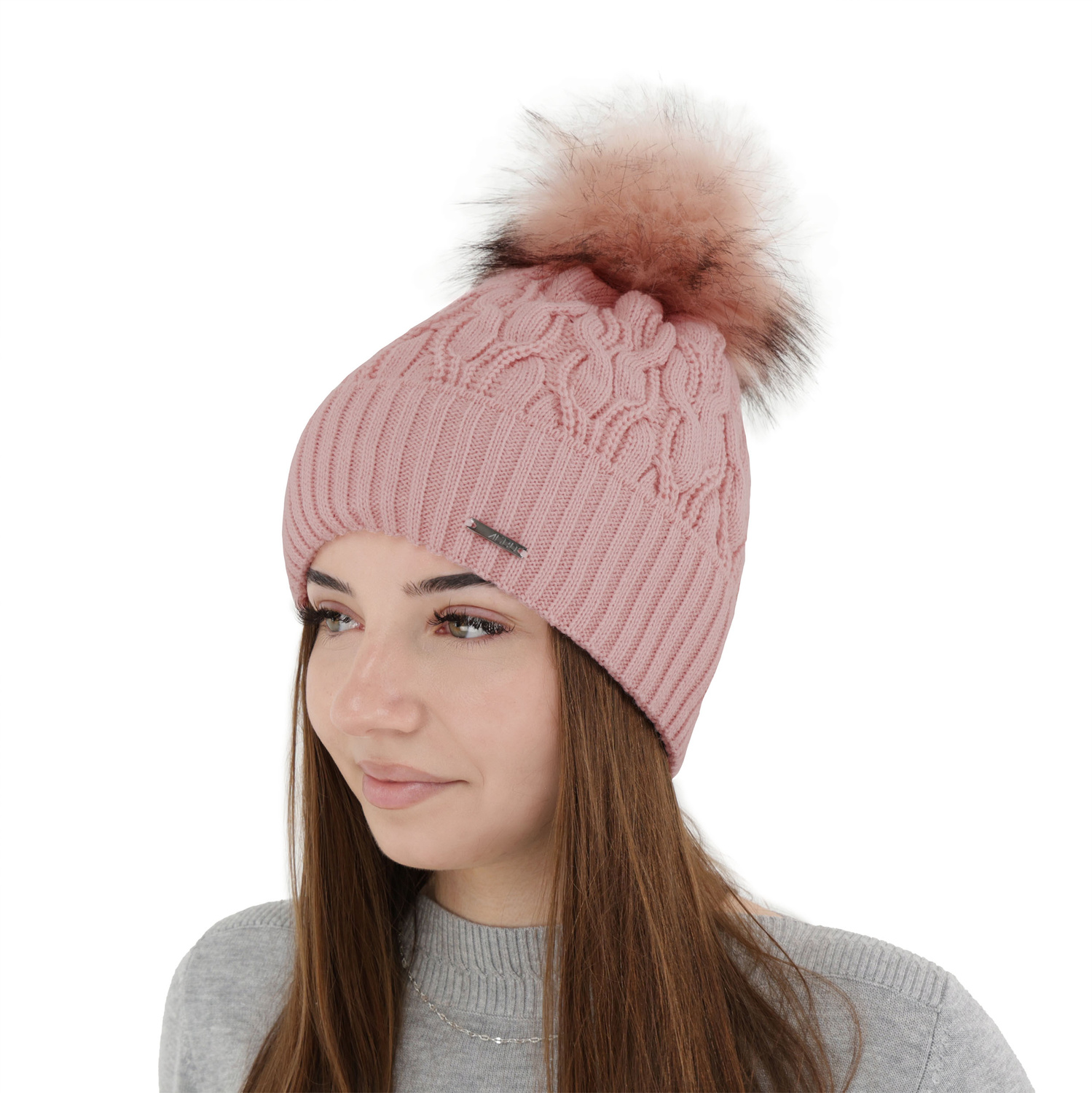 Dam vintermössa, rosa, med pompom, Deva