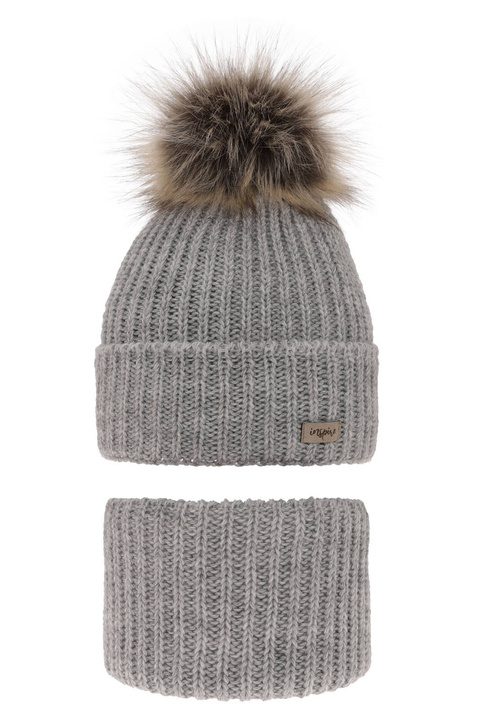 Flicka vinter set: mössa och tubhalsduk, grå, med pompom, Willow