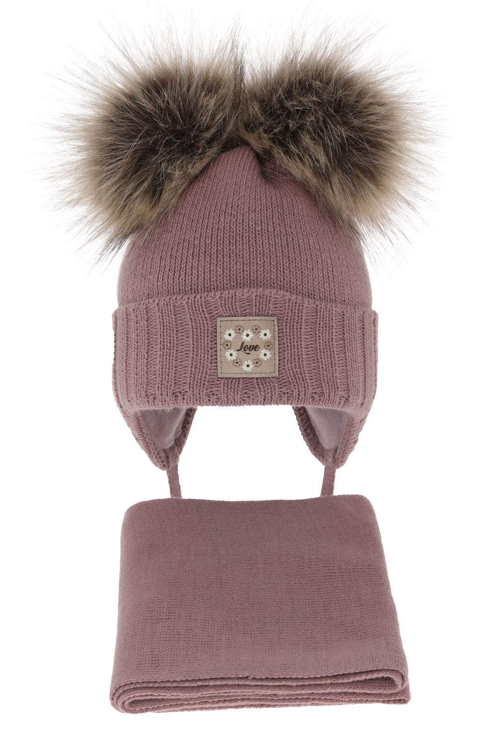 Flicka vinter set: mössa och halsduk, lila, med två pompommar, knytband, Jazz